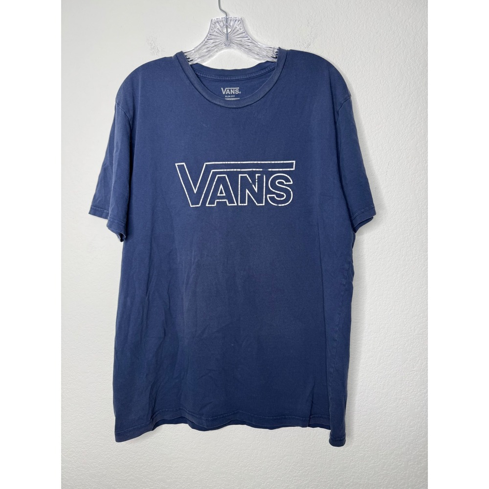 Vans Navy Blue Graphic Logo T-Shirt Mens Large Slim Fit Grunge‎ Skater Fade